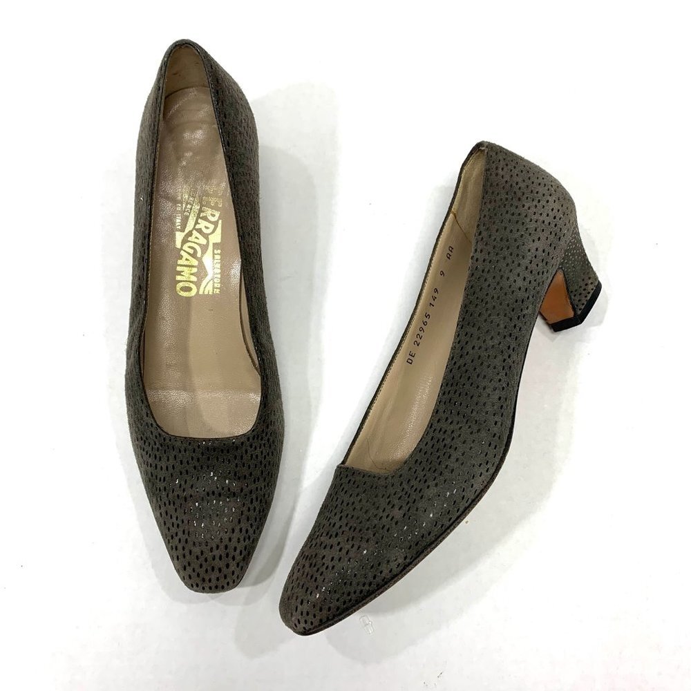 SALVATORE FERRAGAMO Italian Speckled Leather Block Heel Heels 9 AA Narrow EUC